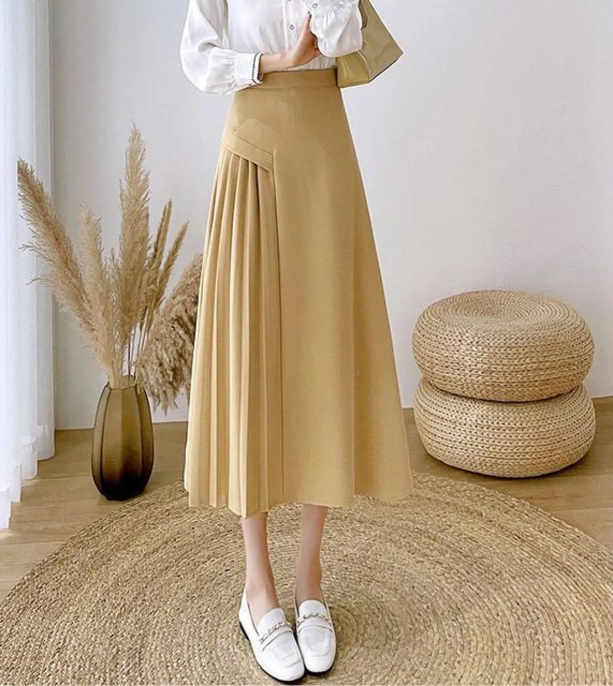 Moukyun Vintage Elegante Gonna a trapezio Donna Primavera Ufficio Ol Gonne lunghe a vita alta Moda Faldas a pieghe gialle Donna