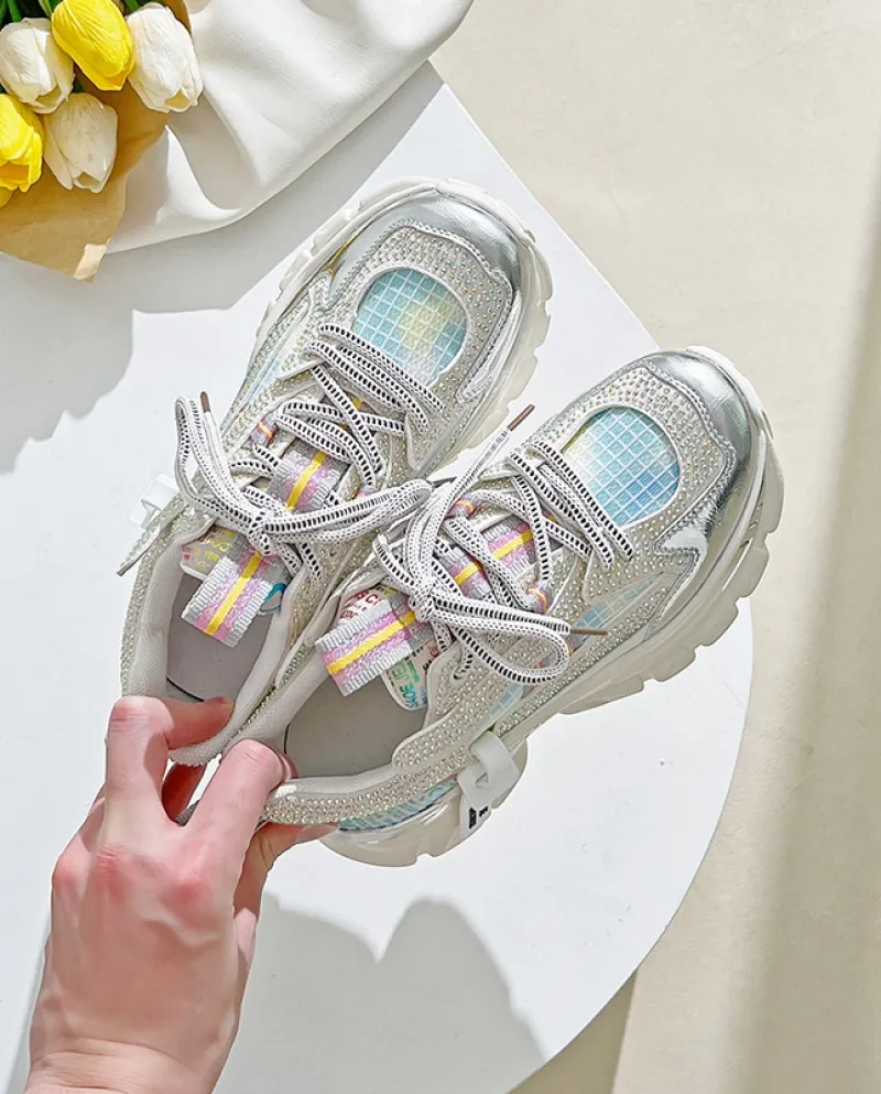 Nuove scarpe da donna in pelle a rete in contrasto di colore, comode scarpe casual stile sportivo con suola spessa
