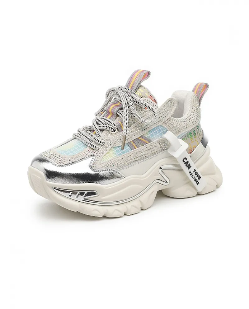 Nuove scarpe da donna in pelle a rete in contrasto di colore, comode scarpe casual stile sportivo con suola spessa