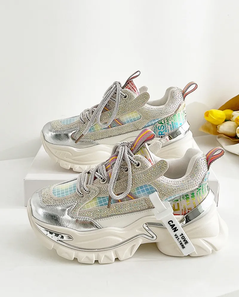 Nuove scarpe da donna in pelle a rete in contrasto di colore, comode scarpe casual stile sportivo con suola spessa