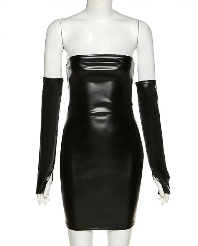 Pelle Con Guanti Vestito Da Partito Delle Donne Senza Schienale Taglio Basso Clubwear Skinny 2022 Nero Aderente Mini Abiti Femal