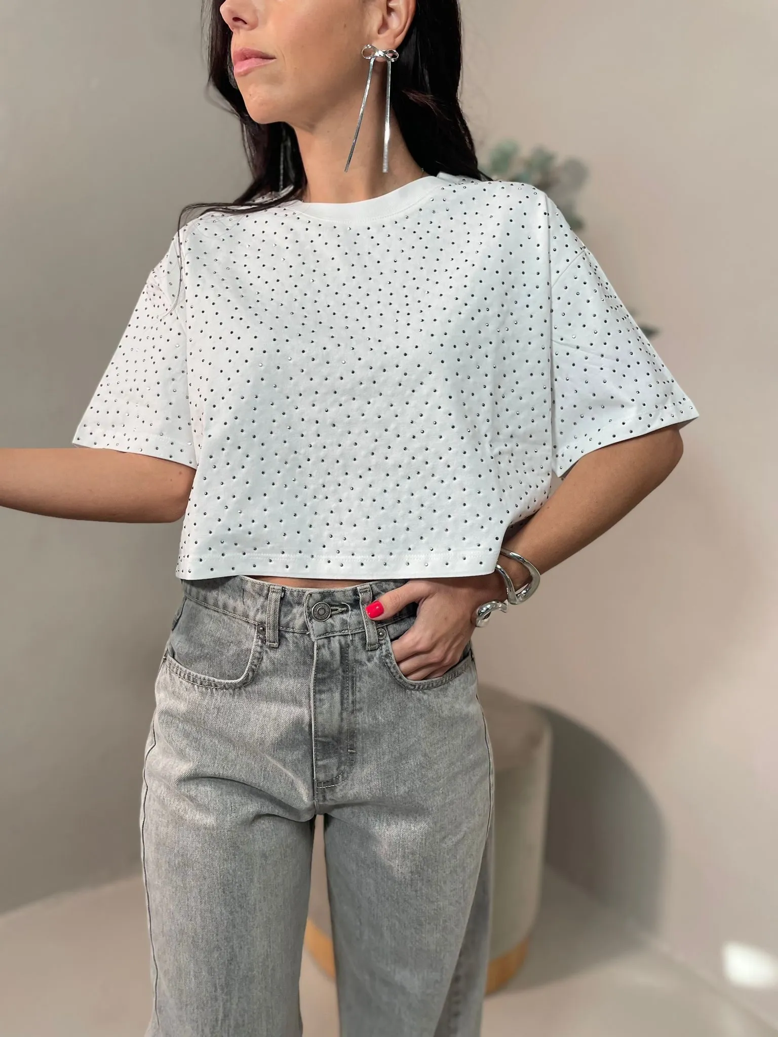 T-shirt Crop Micro Borchie Bianco