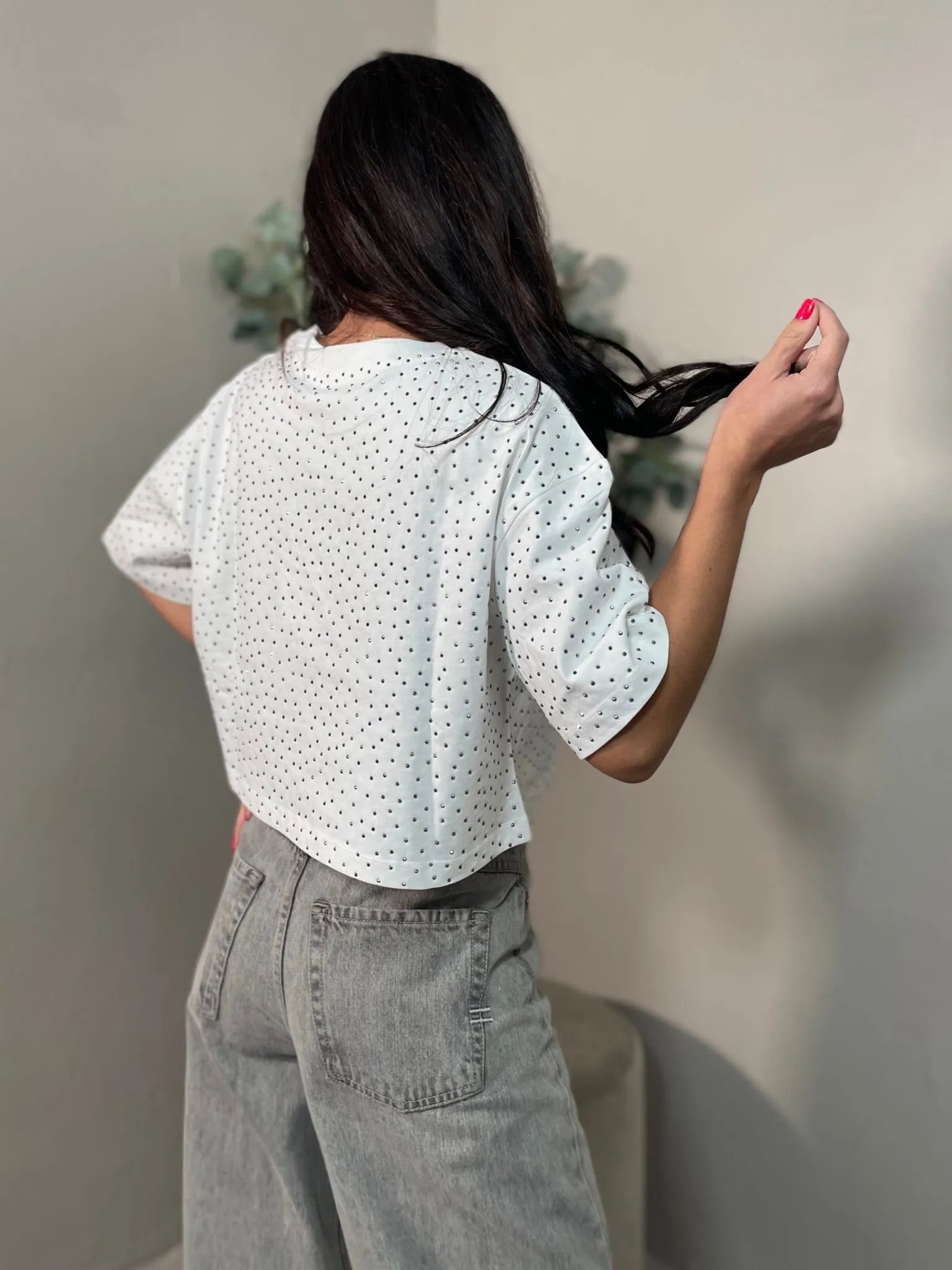 T-shirt Crop Micro Borchie Bianco