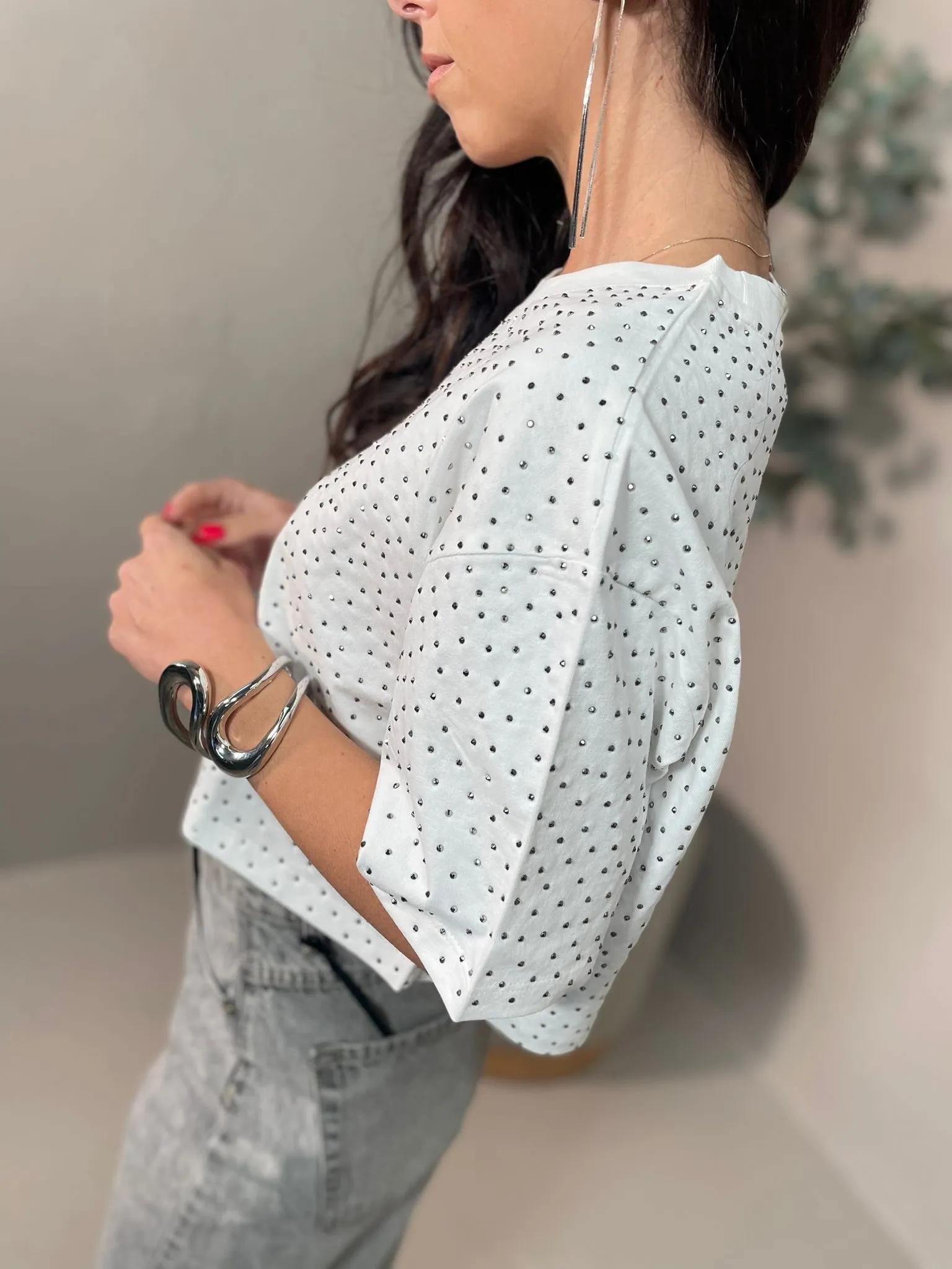 T-shirt Crop Micro Borchie Bianco