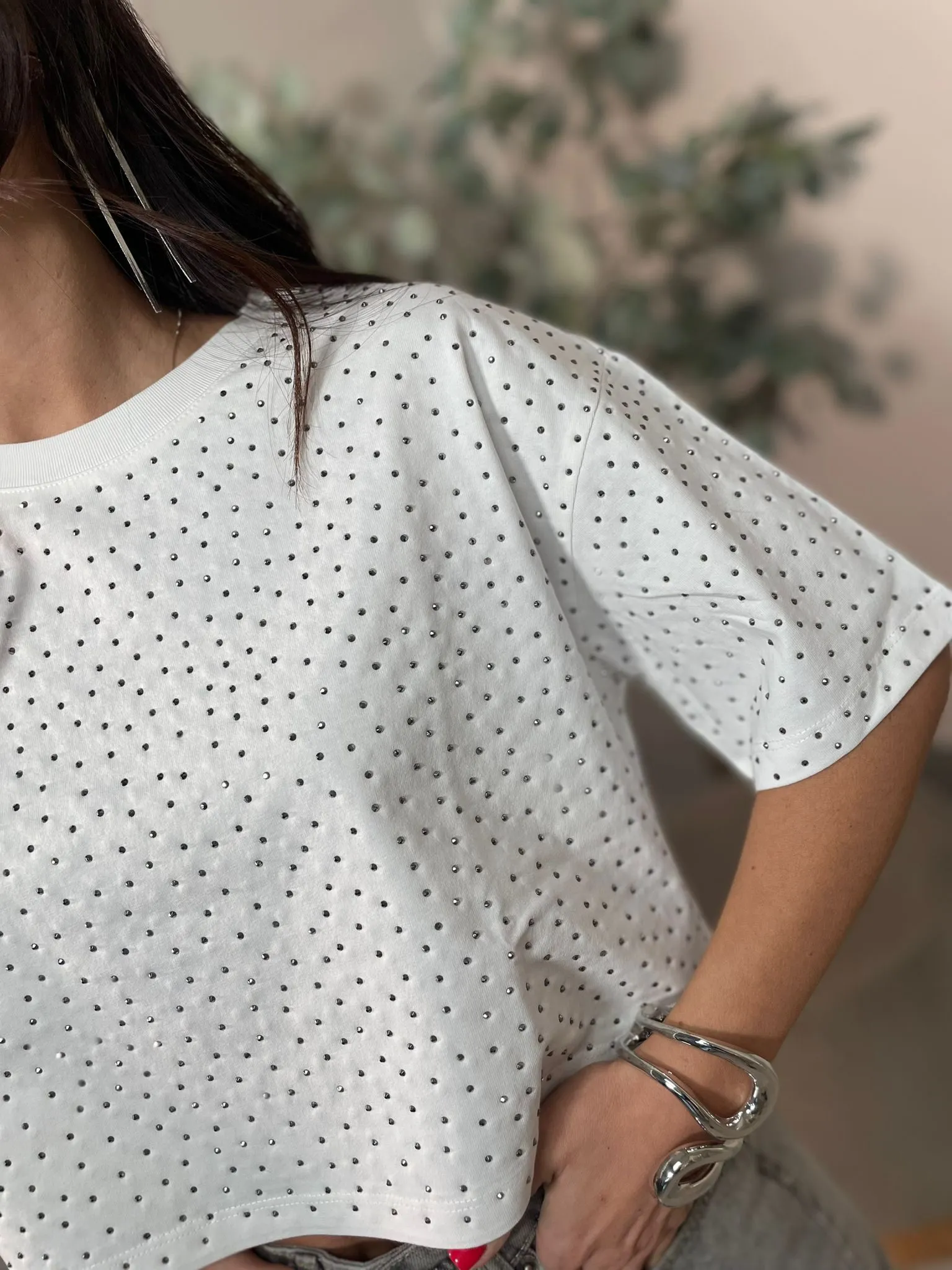 T-shirt Crop Micro Borchie Bianco