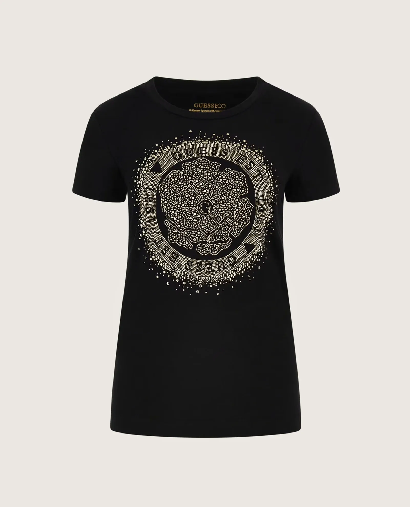 T-shirt nera Guess in misto cotone con logo con borchie