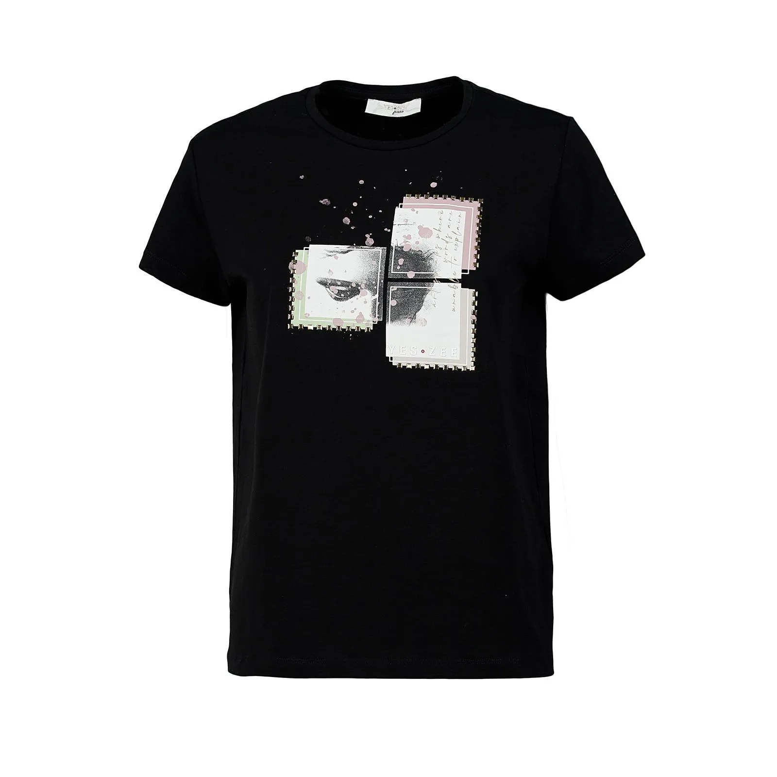 T-shirt nera maniche corte con stampa con borchie