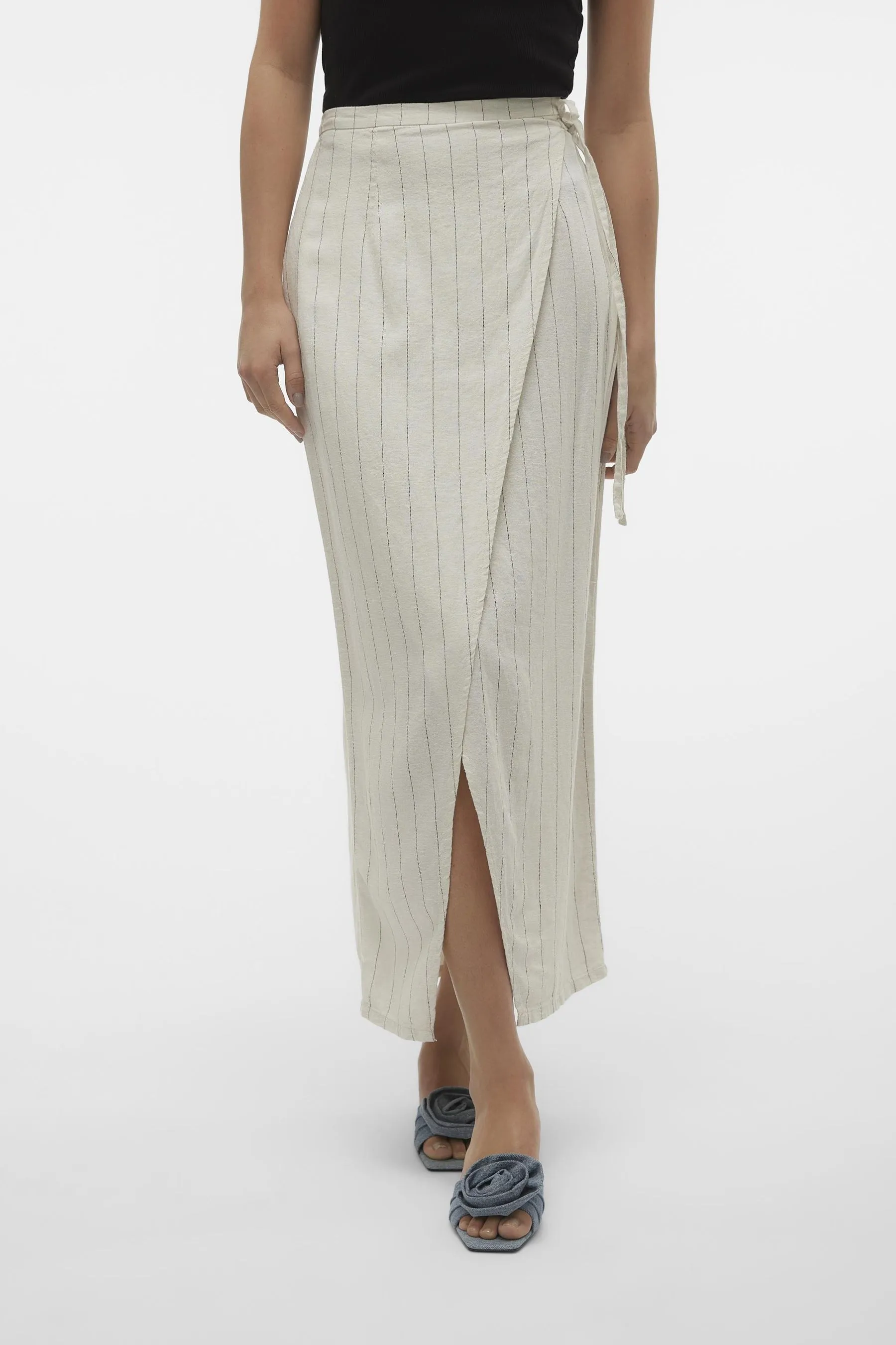 VERO MODA - Gonna lunga a portafoglio in lino a righe