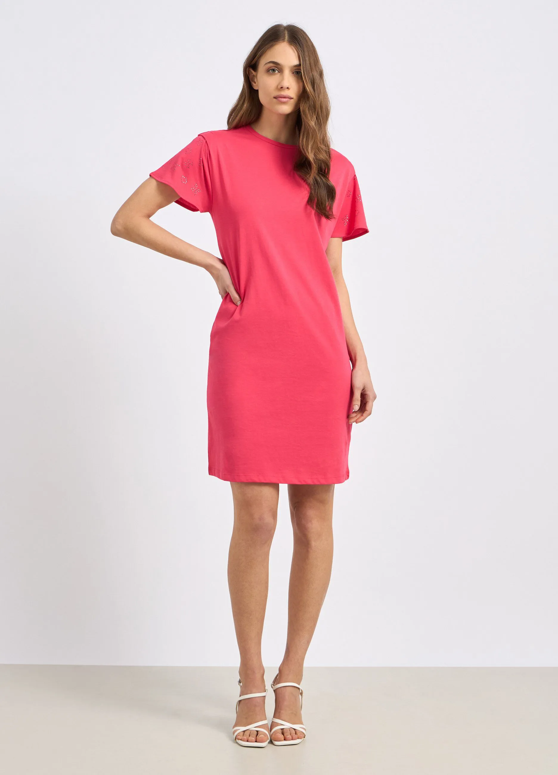 Vestito corto in puro cotone con strass donna