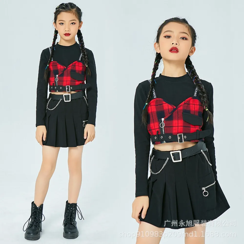 Vestito da ballo jazz per bambini Vestito scozzese da ragazza Abiti alla moda Gonna a pieghe Modello da ballo di strada hip-hop