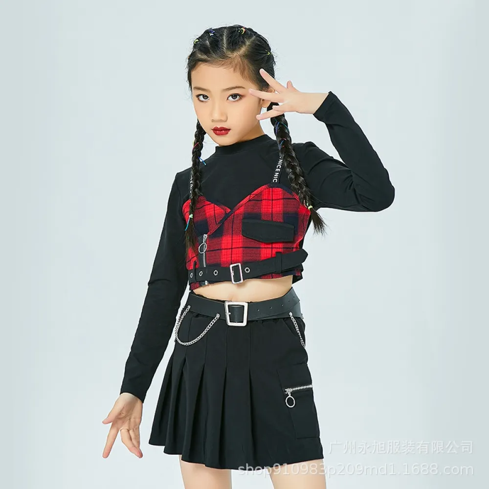Vestito da ballo jazz per bambini Vestito scozzese da ragazza Abiti alla moda Gonna a pieghe Modello da ballo di strada hip-hop