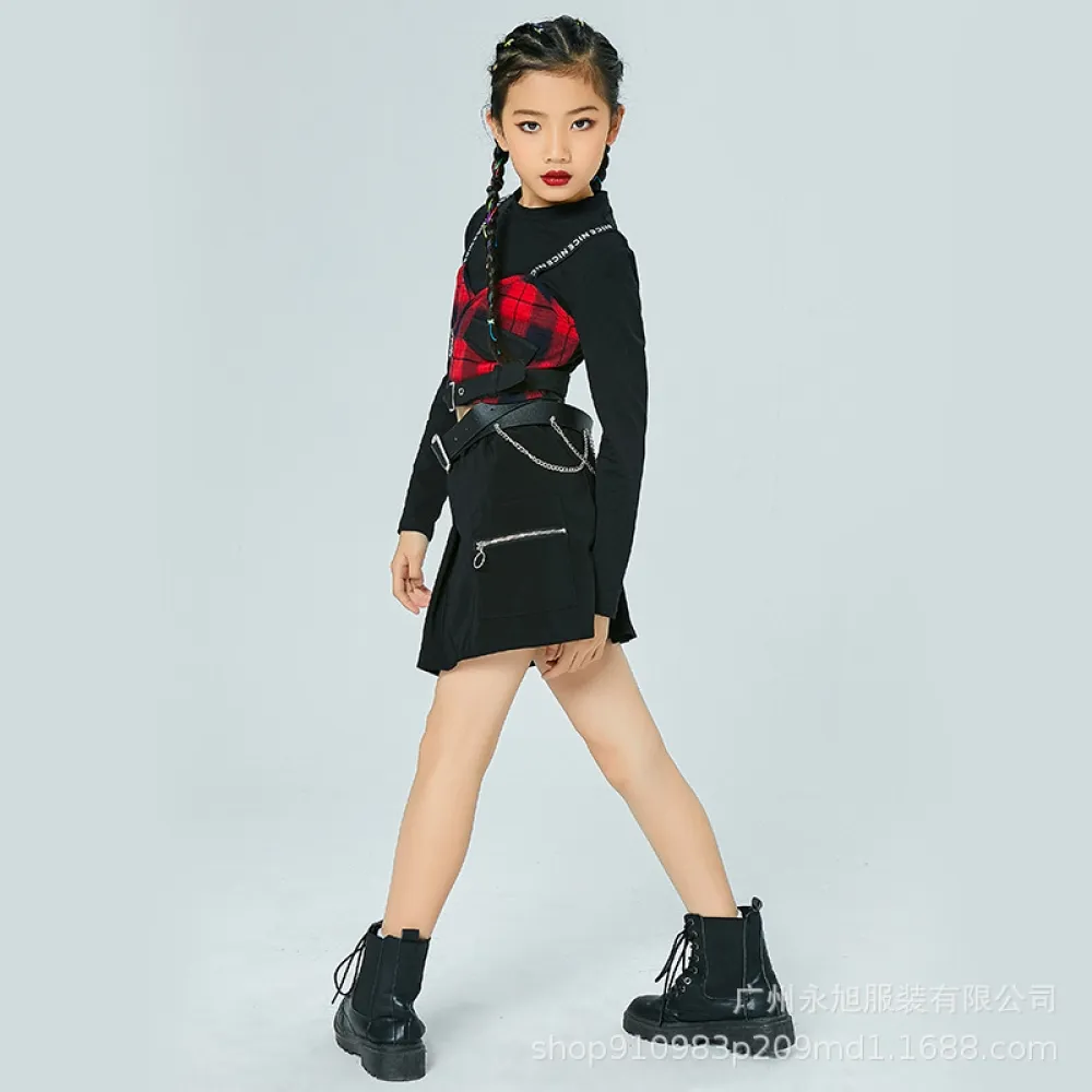 Vestito da ballo jazz per bambini Vestito scozzese da ragazza Abiti alla moda Gonna a pieghe Modello da ballo di strada hip-hop