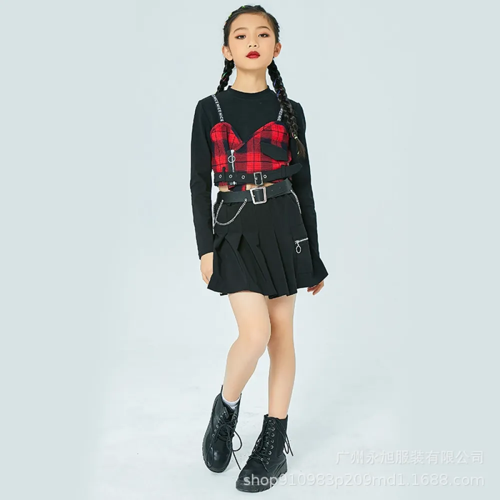 Vestito da ballo jazz per bambini Vestito scozzese da ragazza Abiti alla moda Gonna a pieghe Modello da ballo di strada hip-hop