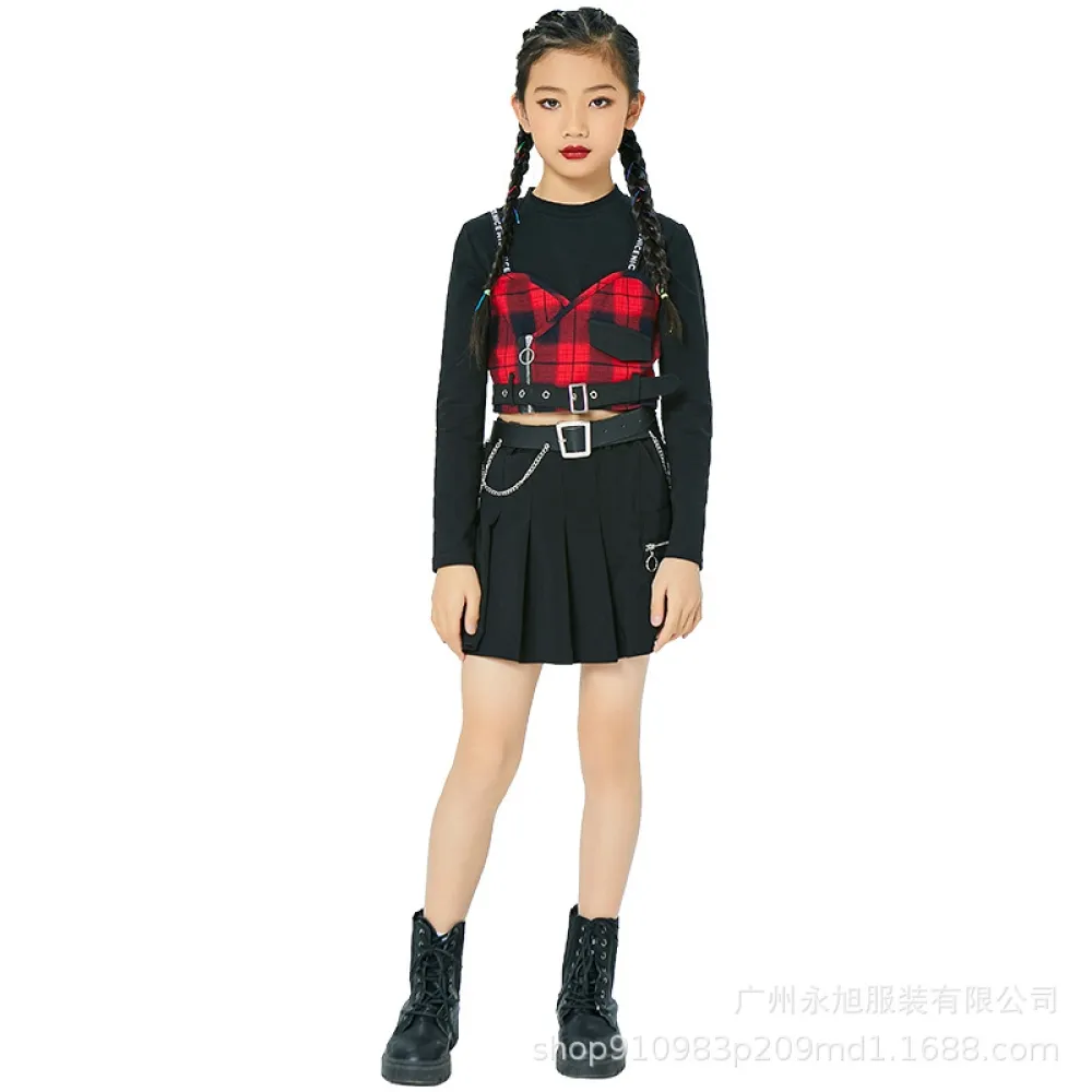 Vestito da ballo jazz per bambini Vestito scozzese da ragazza Abiti alla moda Gonna a pieghe Modello da ballo di strada hip-hop