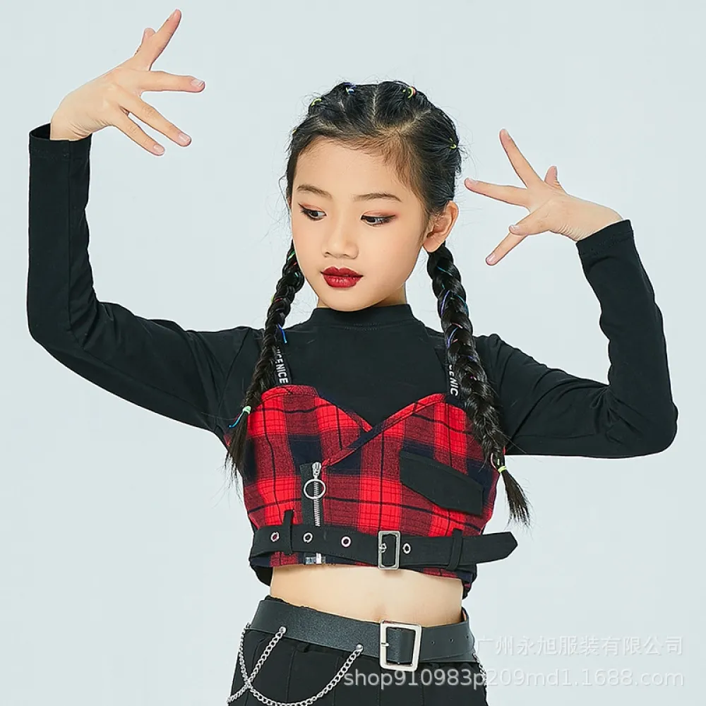 Vestito da ballo jazz per bambini Vestito scozzese da ragazza Abiti alla moda Gonna a pieghe Modello da ballo di strada hip-hop