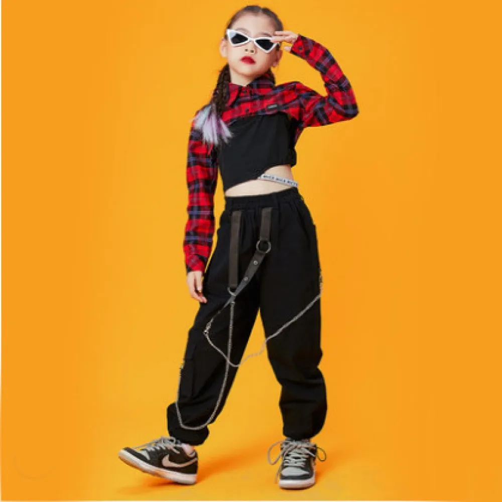 Vestito da ballo jazz per bambini Vestito scozzese da ragazza Abiti alla moda Gonna a pieghe Modello da ballo di strada hip-hop