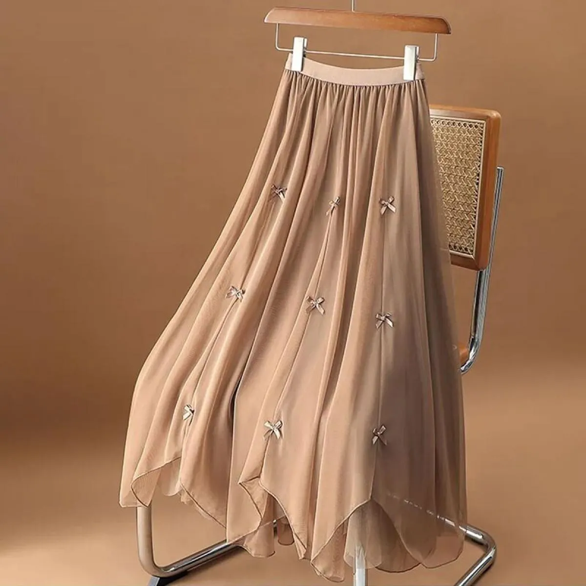 Xpqbb Gonna lunga in tulle a vita alta elastica estiva da donna Fata carina gonna lunga in rete a pieghe con fiocco moda donna l