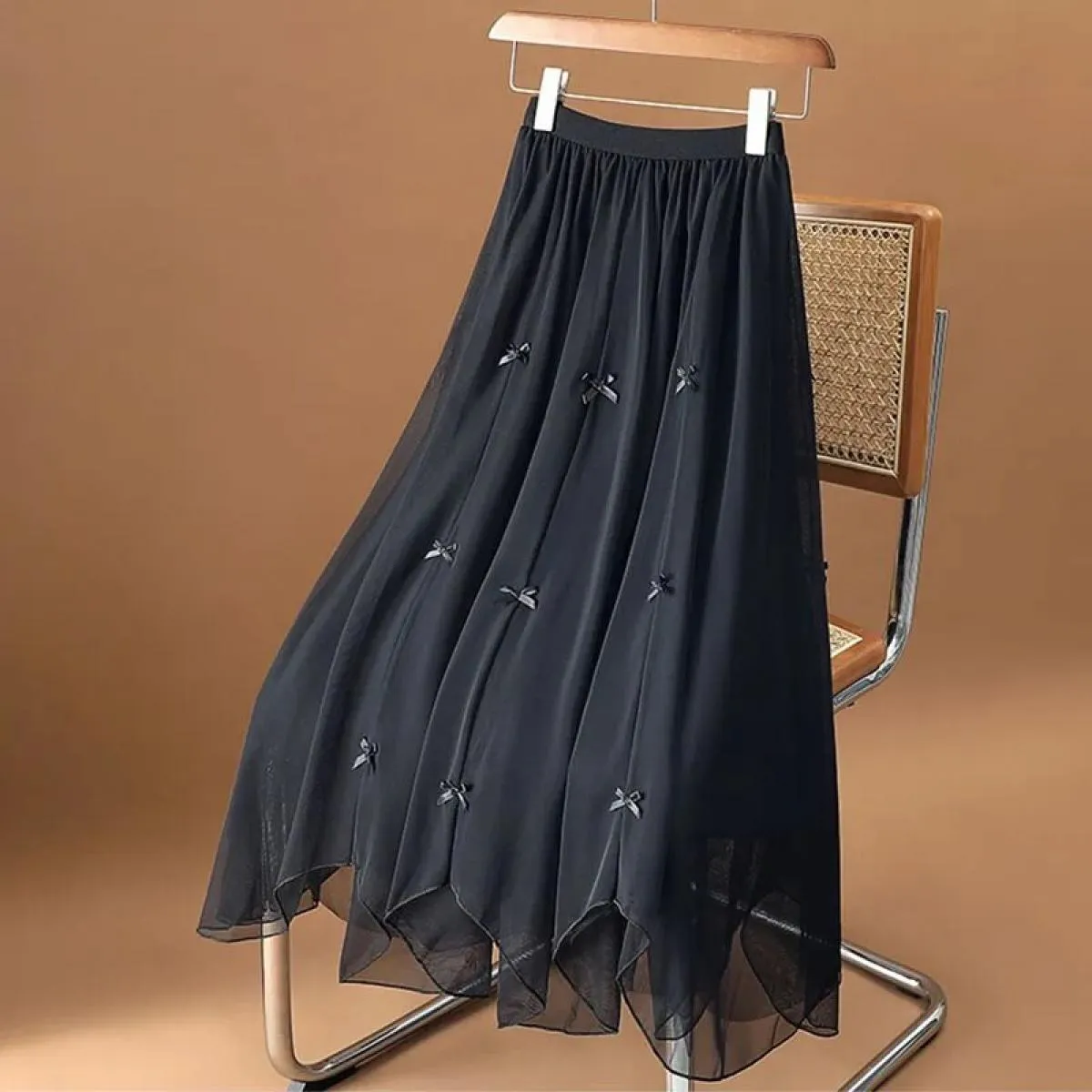 Xpqbb Gonna lunga in tulle a vita alta elastica estiva da donna Fata carina gonna lunga in rete a pieghe con fiocco moda donna l