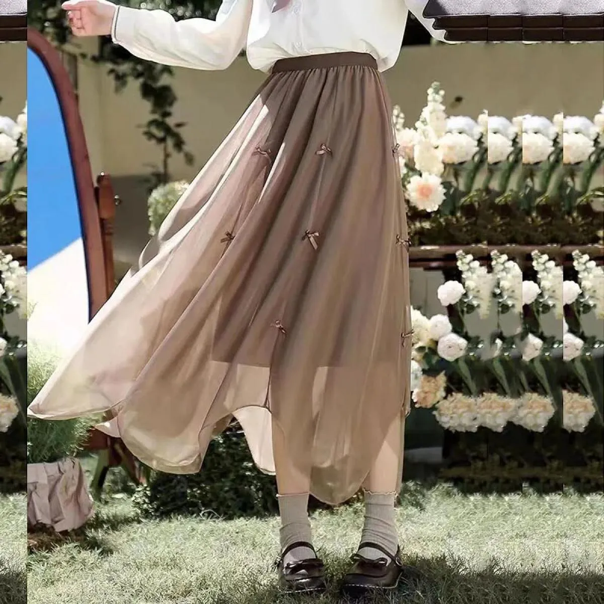 Xpqbb Gonna lunga in tulle a vita alta elastica estiva da donna Fata carina gonna lunga in rete a pieghe con fiocco moda donna l