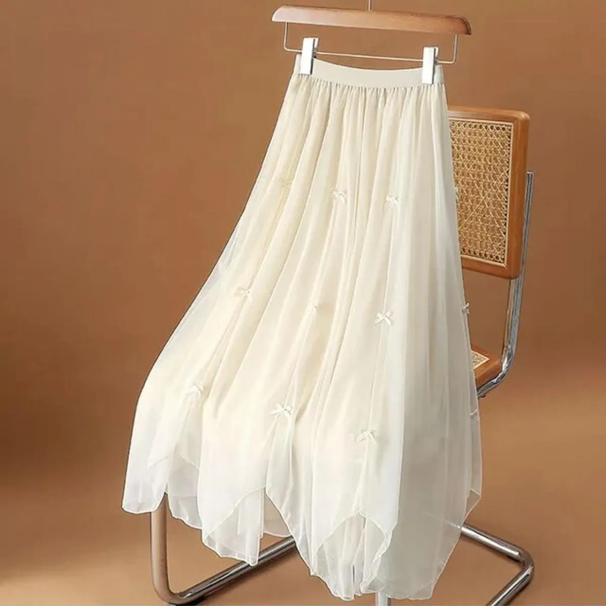 Xpqbb Gonna lunga in tulle a vita alta elastica estiva da donna Fata carina gonna lunga in rete a pieghe con fiocco moda donna l