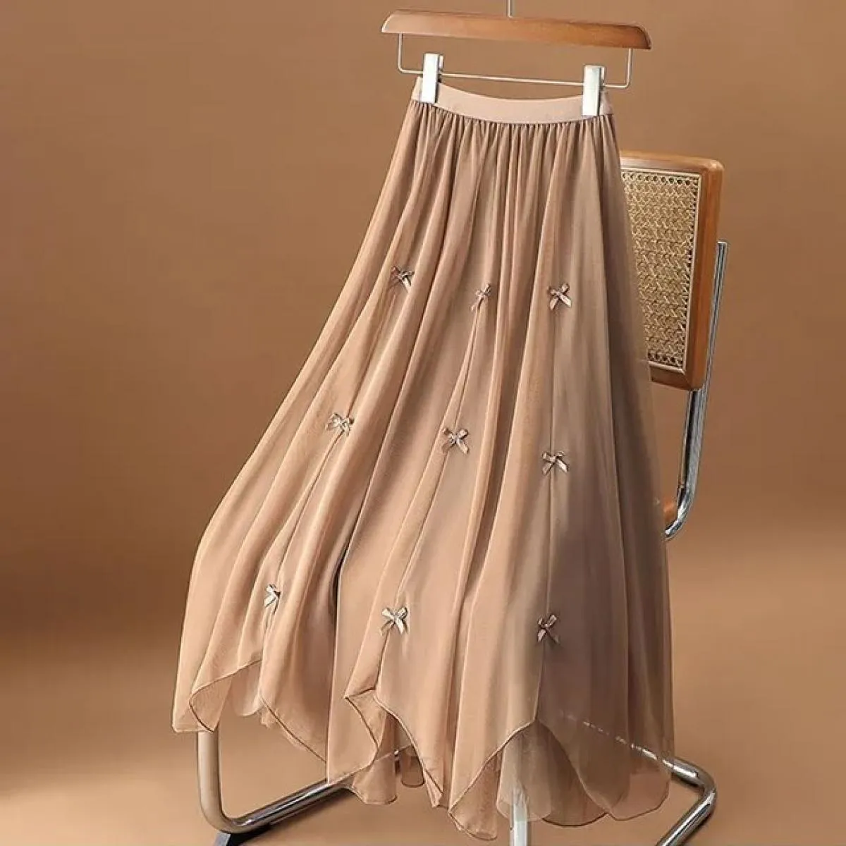 Xpqbb Gonna lunga in tulle a vita alta elastica estiva da donna Fata carina gonna lunga in rete a pieghe con fiocco moda donna l