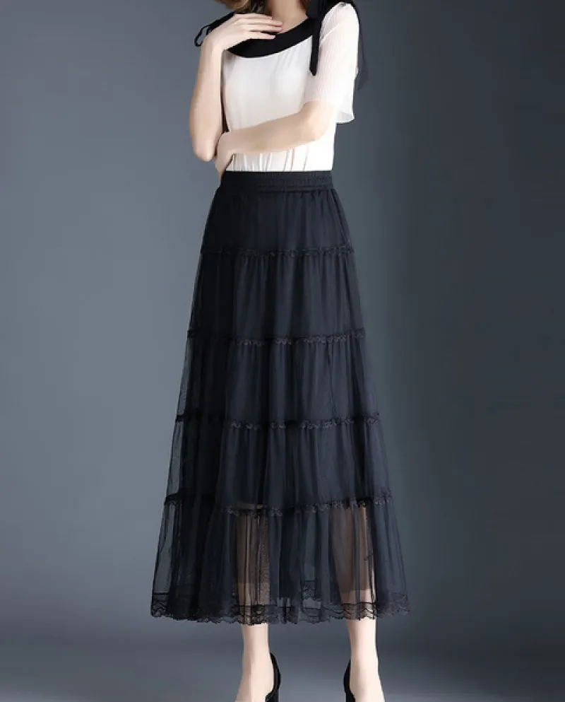 Zoki Gonna lunga da donna elegante in tulle a vita alta in rete nera Gonna a pieghe da donna casual estiva da donna A Line Ski